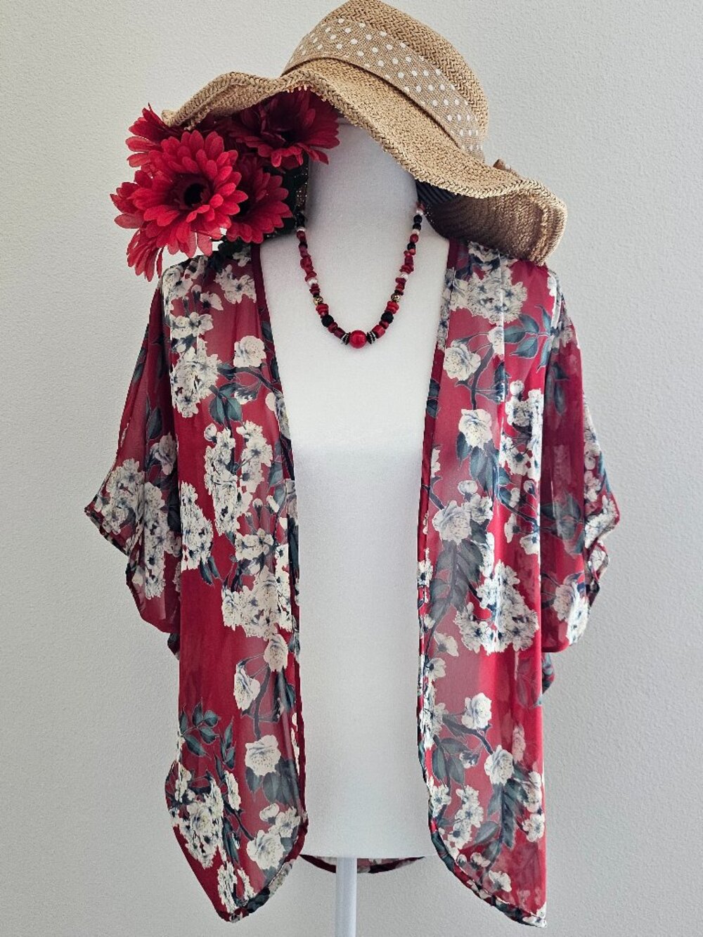 Elle CLO Red Floral Sheer Boho Kimono Cardigan Open Front Medium